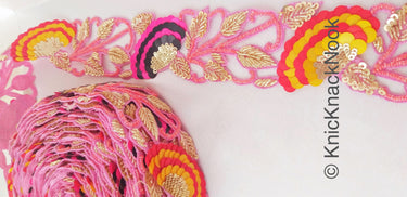 Pink / Peach Indian Beaded Lace Trim, Handmade, Sequins Trim